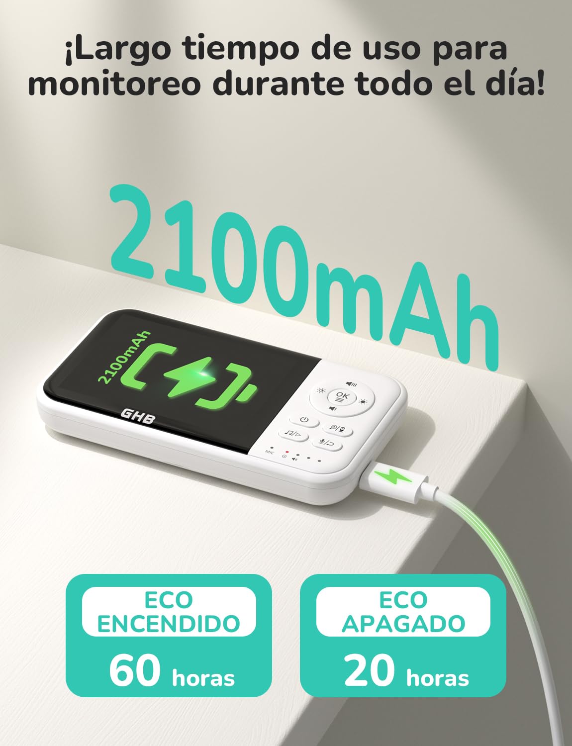 GHB Camara Vigilancia Bebe Vigilabebes con Camara con Pantalla 3.2" HD de 2100mAh Recargable VOX, Visión Nocturna, Despertador, Conversación Bidireccional Escucha Bebes