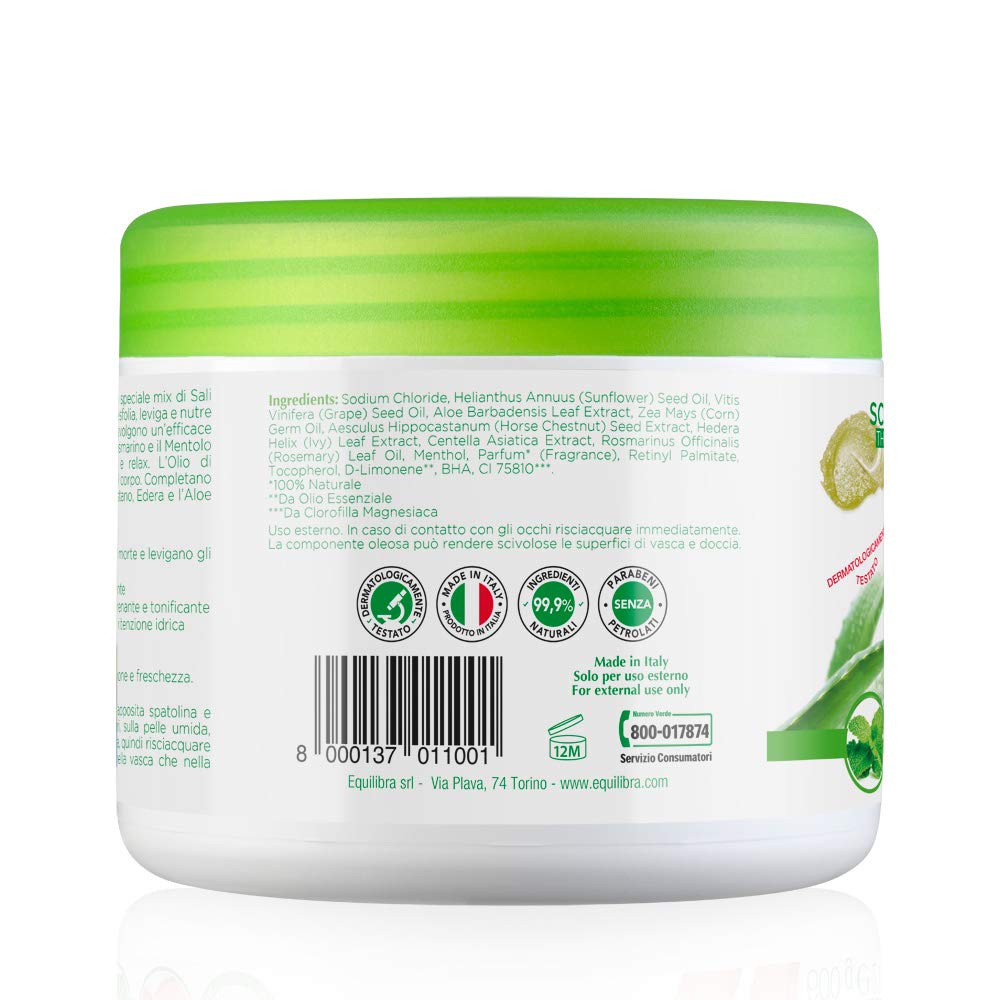 Equilibra Cuidado Corporal, Exfoliante Corporal a Base de Aloe Vera, Suaviza y Nutre la Piel, Mezcla de Sales Marinas con Efecto Antiretención de Agua, Aceites Naturales y Extractos Vegetales, 600 g