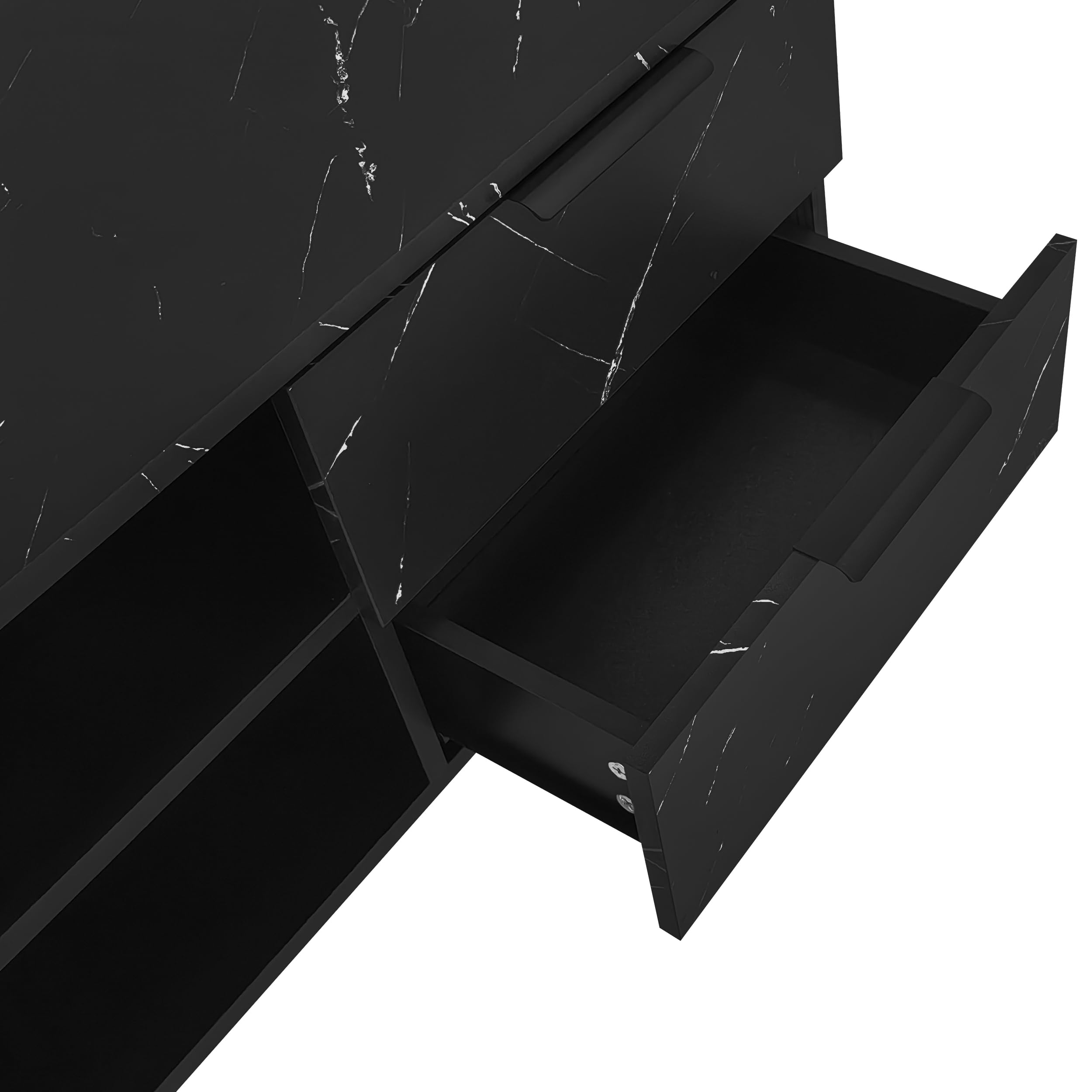 Mueble de TV de 200 cm con aspecto de mármol negro, puertas de vetas de madera oscura, iluminación LED ajustable, dos puertas y dos cajones, adecuado para robot aspirador, 200 x 50 x 38 cm