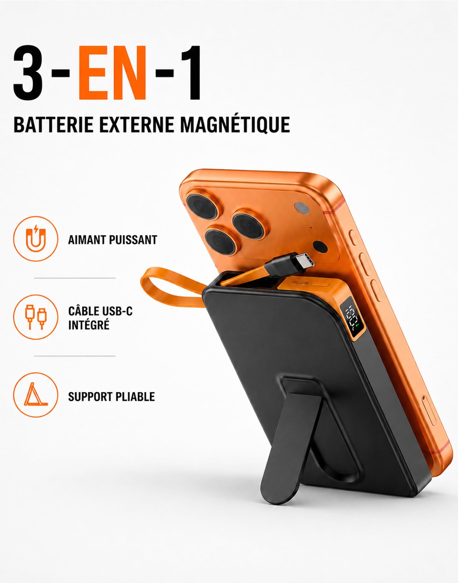 Power Bank pour MagSafe, Batterie Externe Magnétique Tout-en-Un 10000mAh