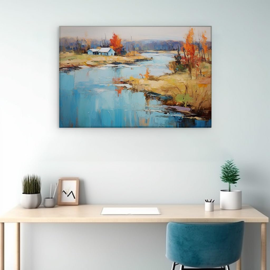 Canvas for Living Room. Autumn Serenity by The Riverside: A Peaceful Oil Painting of Fall's Vibrant Hues, 27 x 18 inch Canvas Wall Art - Contemporary Masterpieces - Modern Home Decor