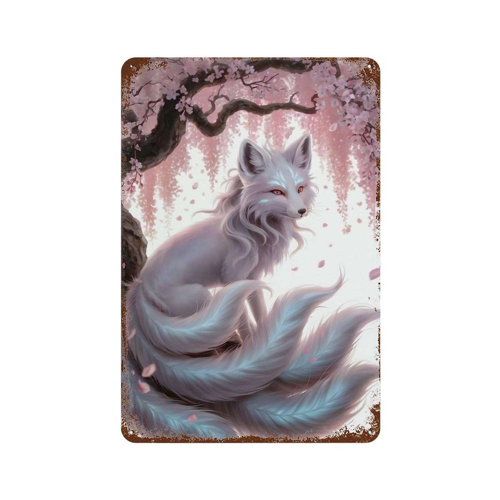 Nine-tailed Fox Under Cherry Blossoms Aged Metal Wall Plaque 11.8"x7.9", Classic Wall Plaque for Garage, Pub Or Kitchen