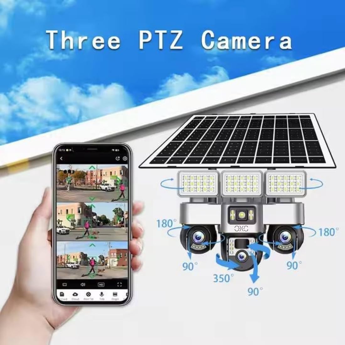 OneXsale 4G Solar Security Camera – Triple Lens 3MP, 3-Screen Panoramic View, 10X Zoom, Auto-Tracking Human Detection, Color Night Vision, Two-Way Audio, 20000mAh Battery, IP66 Waterproof, No WiFi 2