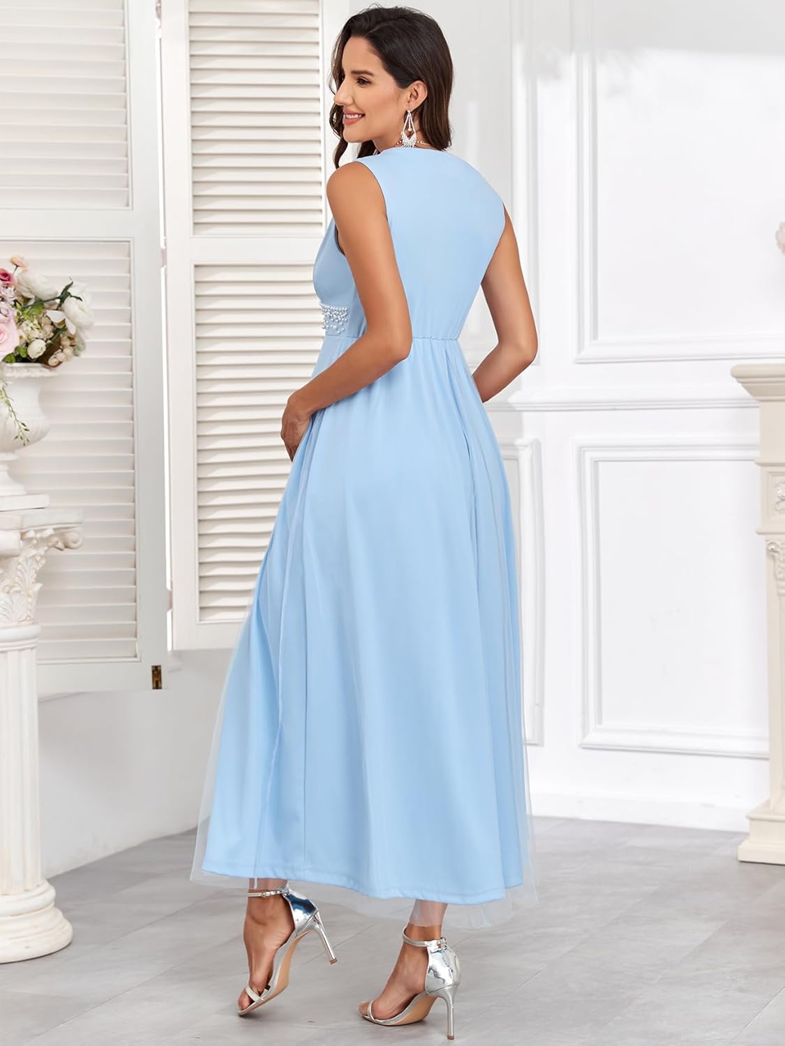 Maternity Mesh Dress V Neck Sleeveless A Line Maxi Pregnancy Formal Dresses with Pearl Beading Baby Shower Photoshoot