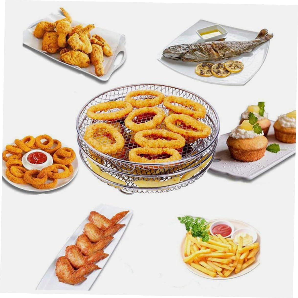 Hohopeti Accessori per Friggitrice ad Aria in Acciaio Inossidabile 3 Strati, Resistente alle Alte Temperature, Griglia Rotonda per Uso in Cucina