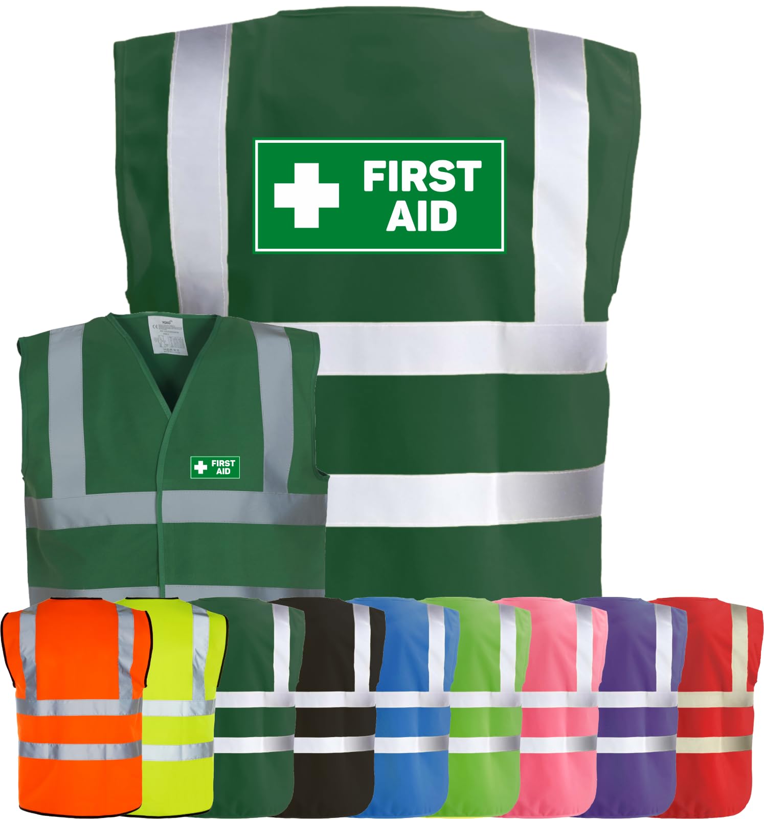 Corporate Togs FIRST AID Printed Hi-Vis Vest - Safety Waistcoat Tabard, Fastening, Health & Safety Compliant Waistcoat | Protective Safety Wear
