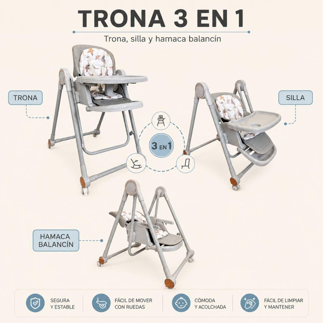 Trona Evolutiva 3 en 1, Incluye 2 Baberos, Plegable y Portátil, Altura, Reposapiés, Respaldo y Bandeja Ajustables, 8 Niveles de Regulación, Sistema Seguridad, Hasta 6 Años (Gris, Azul + Fucsia)