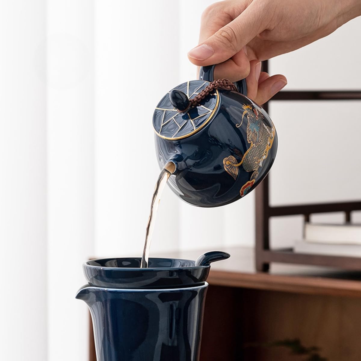 Blue glazed teapot, tea pot, household 210ml Kung Fu tea set, hand-held teapot, teapot, ceramic blue qilin teapot