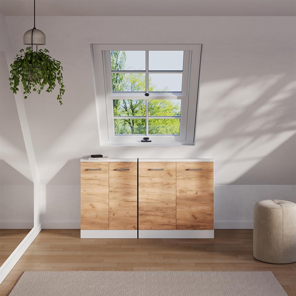 Vicco Ensembles de Meuble de Rangement sous Pente Rion, Chêne doré/Blanc | L140 x P46 cm , Lot de 2, gain de place pour les pièces mansardées