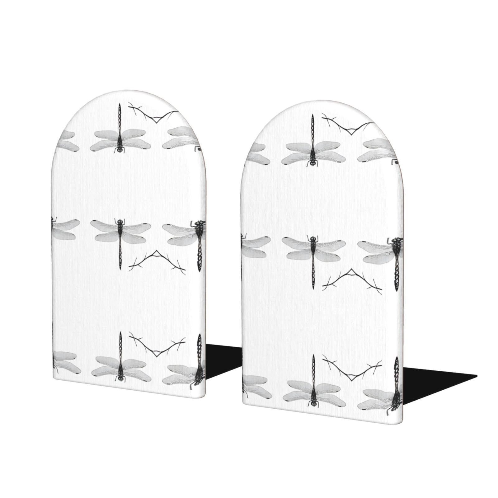 Dragonfly Stylish Bookends with Full-Print Design Durable Wooden and Metal Bookend Set for Home, Office