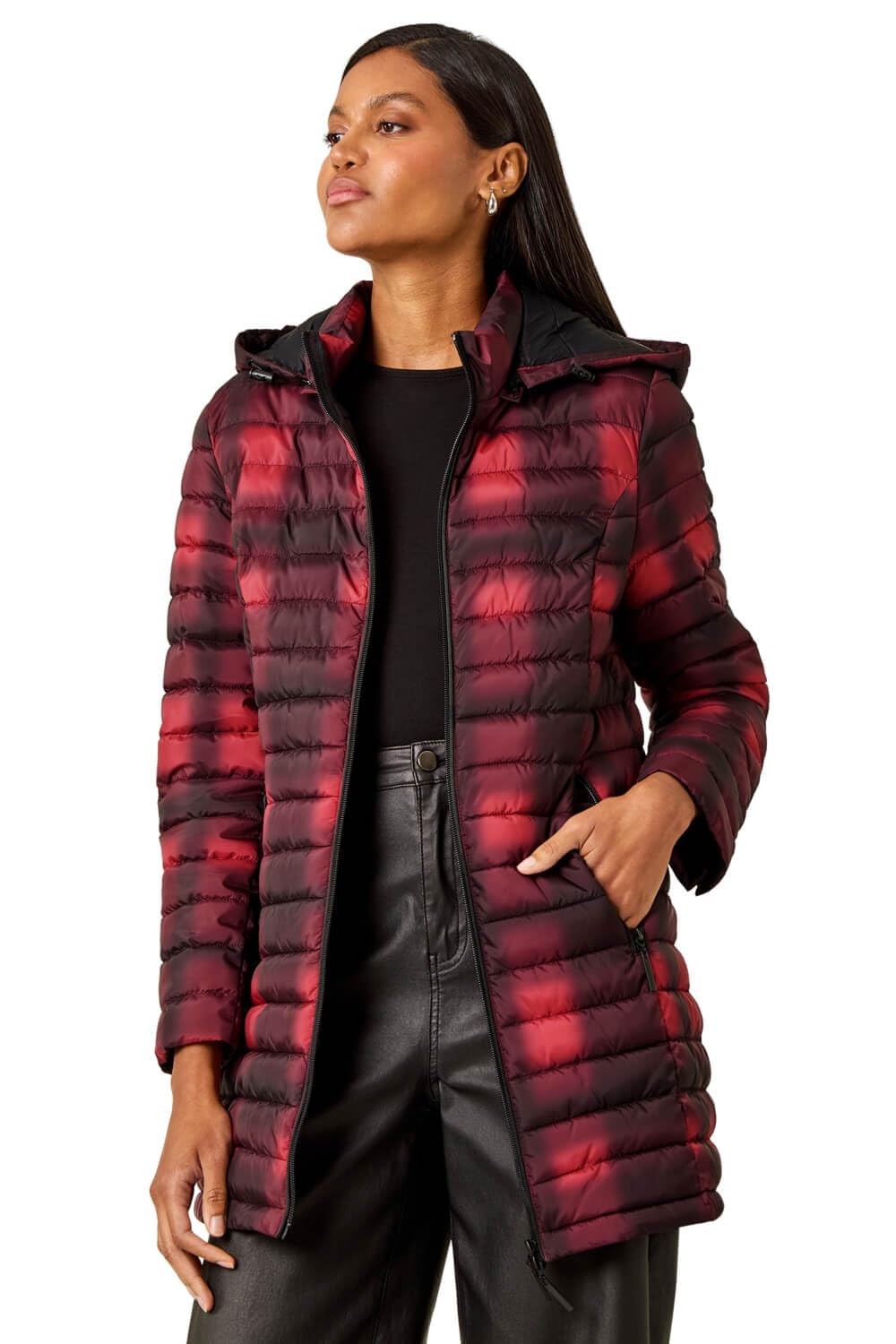 Roman Originals Women's Burgundy Roman Padded Longline Coat With Hood - Zip Through Autumn Winter Long Length Lightweight Quilted Warm Cosy Everyday Zip Up Casual Jackets Coats - Size 14