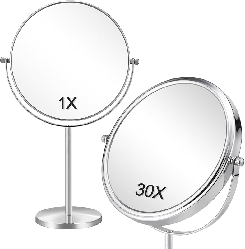 Espelho de maquiagem ALHAKIN com aumento 1X/30X, dupla face, suporte de mesa, 20,32 cm, rotação de 360°, Chrome