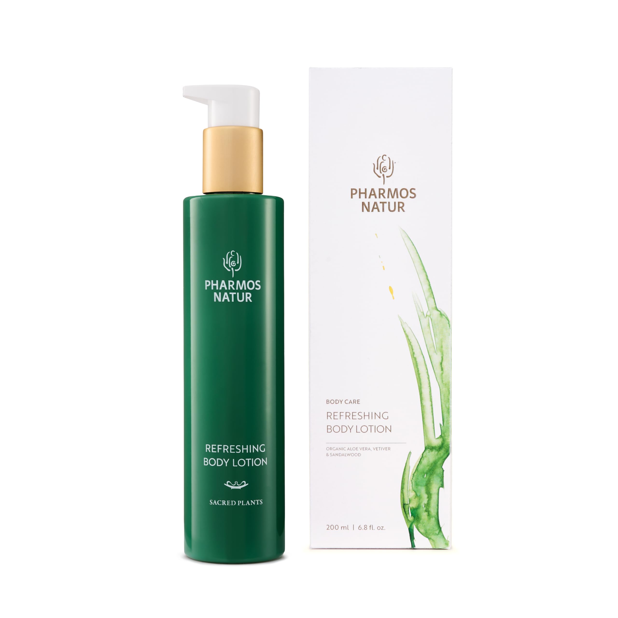 Pharmos Natur Refreshing Body Lotion – erfrischende Ve­tiver-Sandelholz Körperlotion, vegan, Bio Aloe Vera, Jojobaöl & Sheabutter, feuchtigkeitsspendend, kühlend, beruhigend, alle Hauttypen - 200 ml