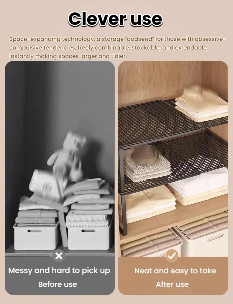 Expandable Shelf Divider Rack,Adjustable Closet or Shoe Storage Organiser,Locker Shelf for Cloakroom Kitchen Study Bathroom(Black-S,35x 22 cm)