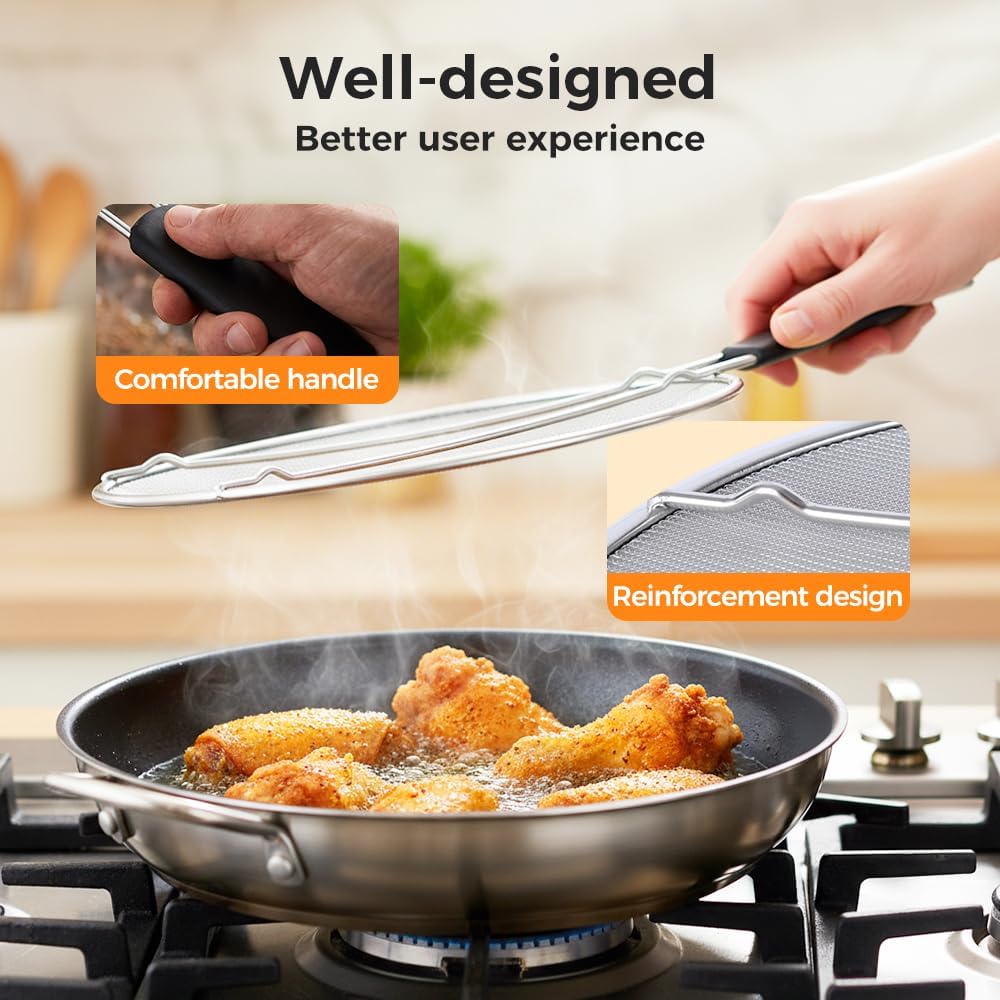 Stainless Steel Grease Splatter Guard, Large Fine Mesh Splatter Screen with Comfort Handle for Frying Pans & Cooking Pots, Fine Mesh Cover, Shield from Grease & Oil (M + L)