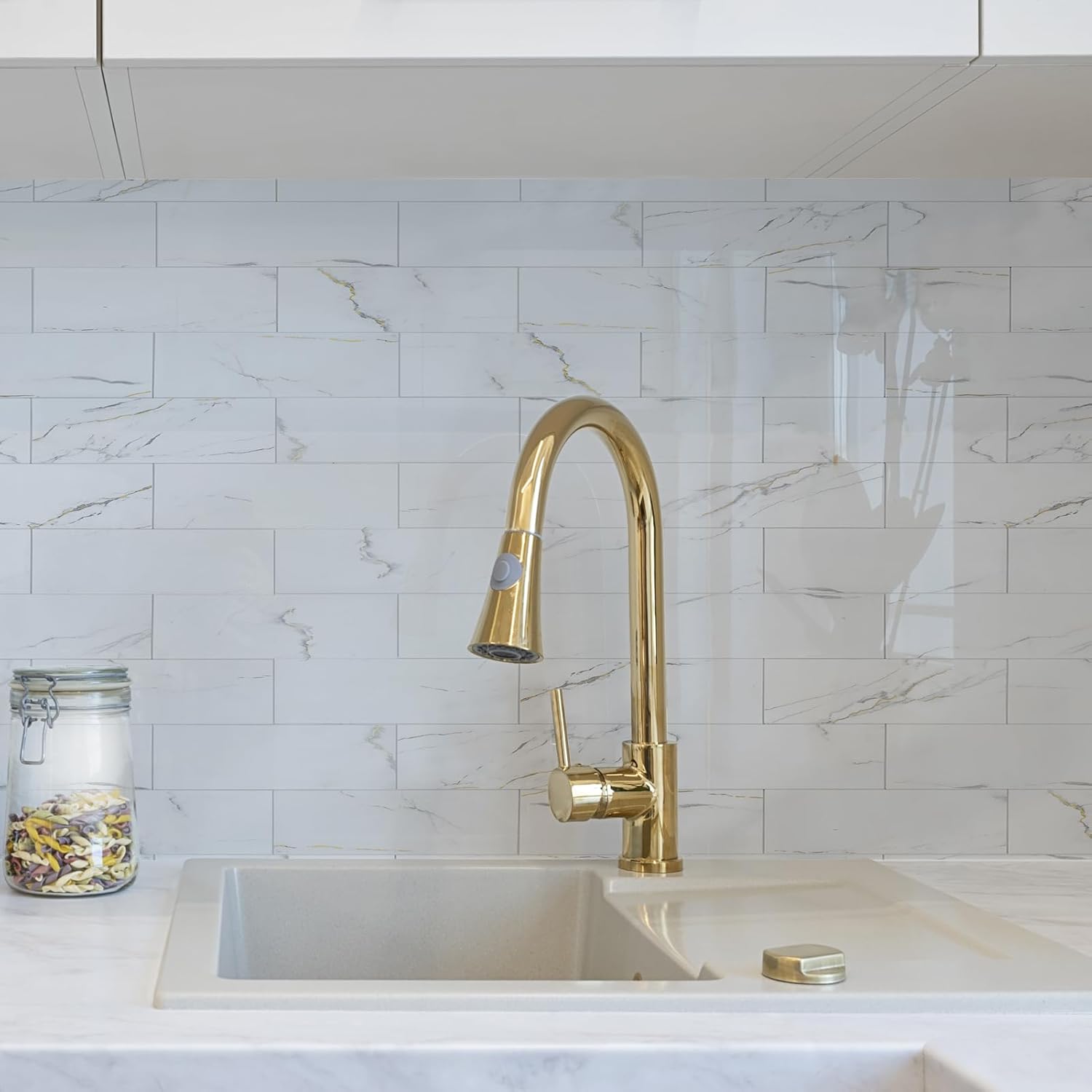 80-Piece Glossy Calacatta Gold Marble Thick PVC Peel and Stick Backsplash, 2" x 8" Waterproof Subway Tile Peel and Stick Wall Tiles for Kitchen and Bathroom