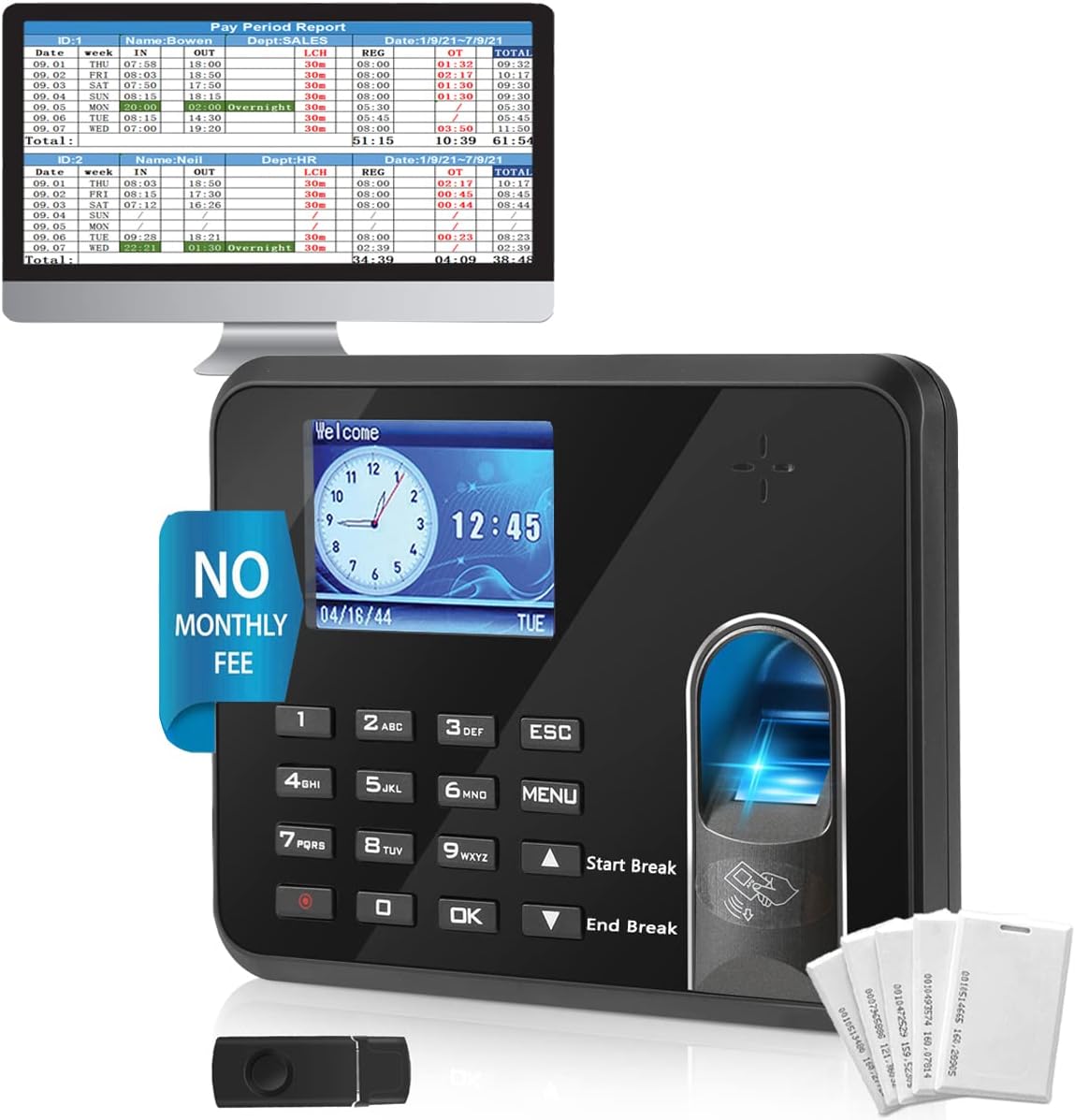 Time Clock Overtime, Lunch Time, Break Time and Working Hours Auto Calculate, Biometric Fingerprint Time Card Machine Office Punch Clock Automatic in and Out - NO Monthly Fee