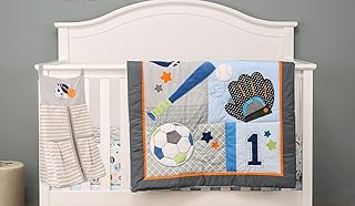 3 PCs Blue Sports Theme Nursery Crib Bedding Set Embroidery Baseball American Ruby 1 Quilt 1 Fitted Sheet 1 Diaper Storage Bag Baby Boy Cot Bedding Set