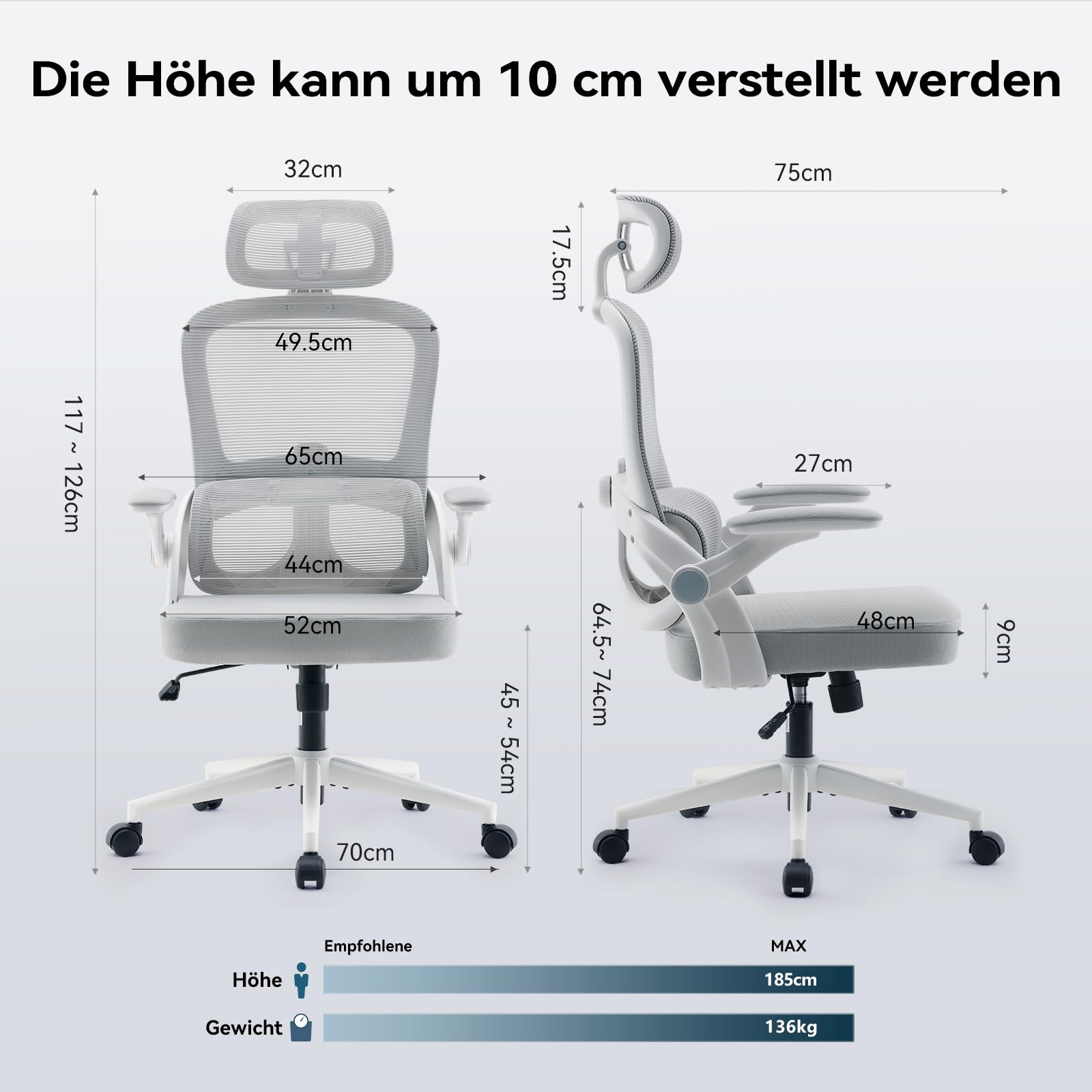 SIHOO M102C ergonomischer Bürostuhl mit Netzrücken, Verstellbarer Lendenwirbelstütze, Kopfstütze, Schreibtischstuhl mit Drehfunktion für Büro und Zuhause (Weiß)