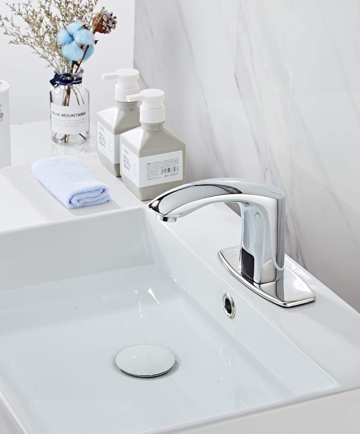 Automatic Bathroom Sink Faucet with Hole Cover Plate Sensor Touchless Dual-Powered Chrome Vanity Faucets Hands Free Motion Sensor Bathroom Water Tap with Control Box and Temperature Mixer