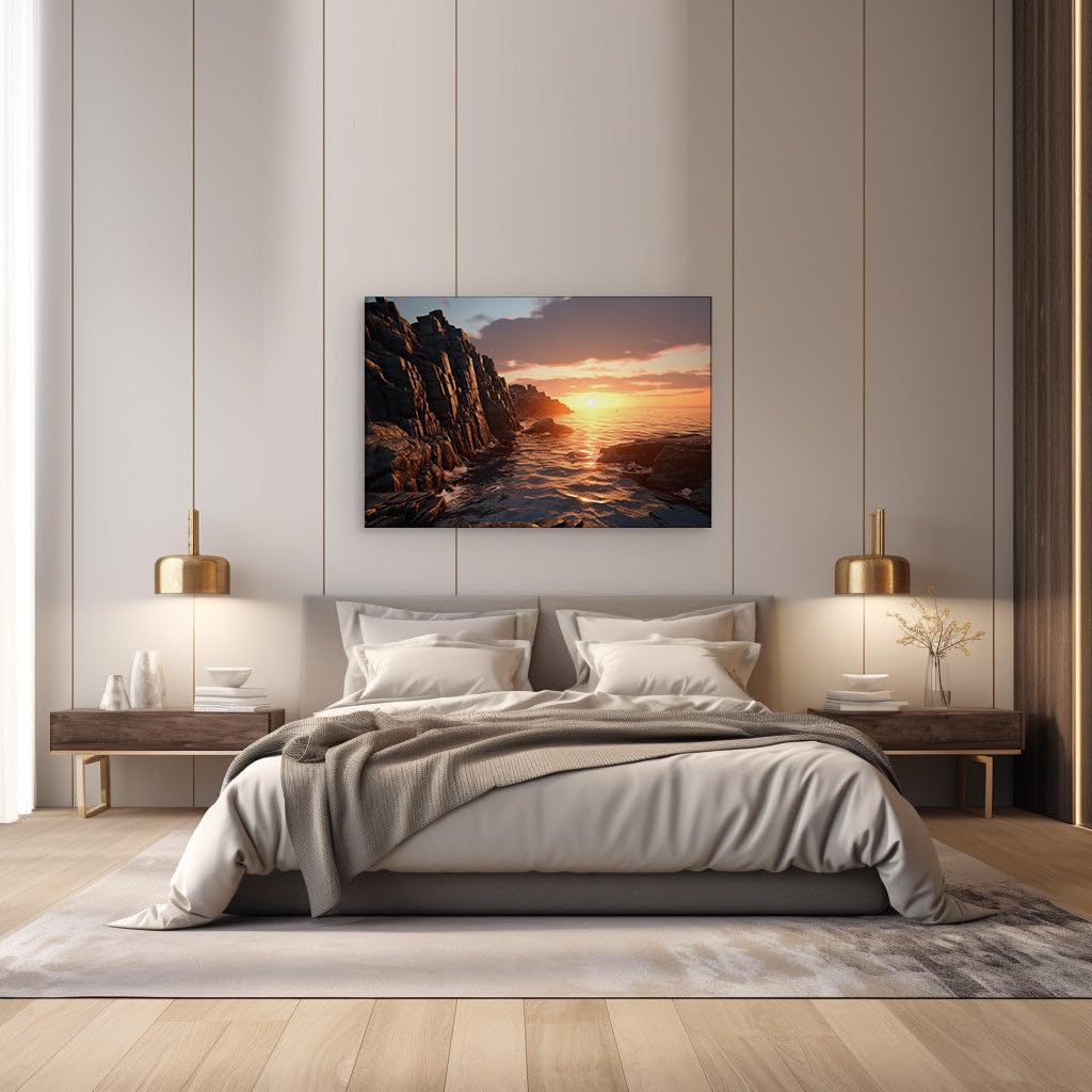 Canvas for Living room. Golden Serenity at Sea � An Elegy to Sunsets and Solitude, 27 x 18 inch Canvas Wall Art - Contemporary Masterpieces - Modern Home Decor - 69x46 cm (27x18 inch)