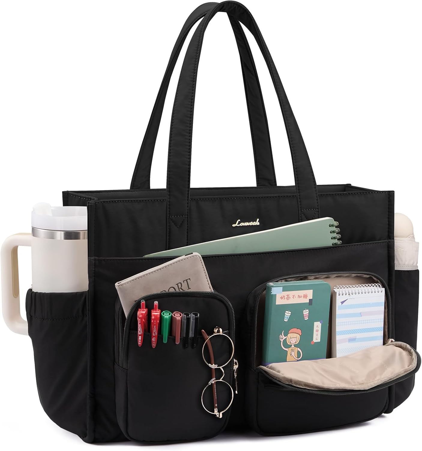 LOVEVOOK Teacher Tote Bag for Women,Multi-pocket Laptop Bag with Large Cup Holder,Nurse Bags Work Travel Computer Handbag