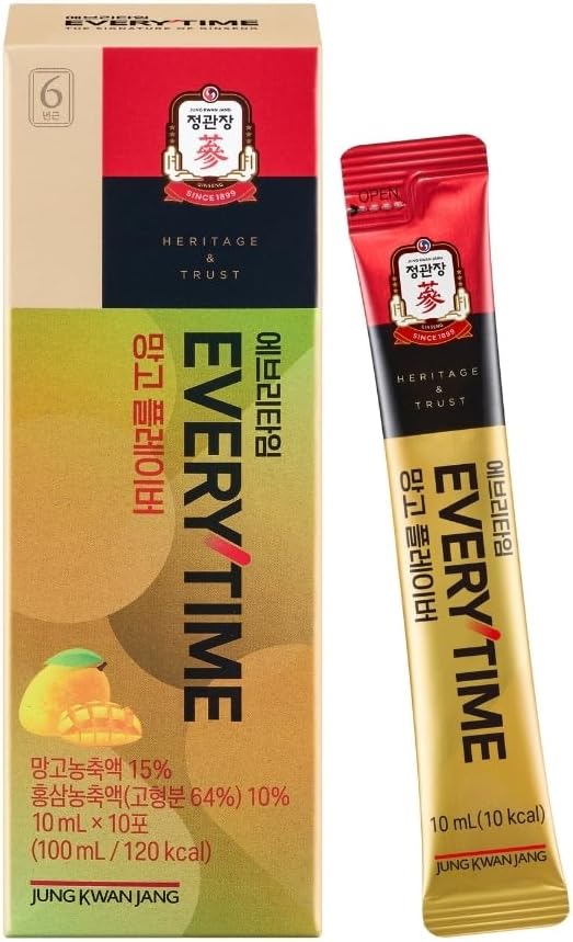 JungKwanJang | Everytime Korean Red Ginseng Liquid Extract Stick with Mango Flavor (10ml x 20 Sticks) | Panax Ginseng Supplement | Caffeine Free | Daily Energy, Immune Support, Blood Circulation