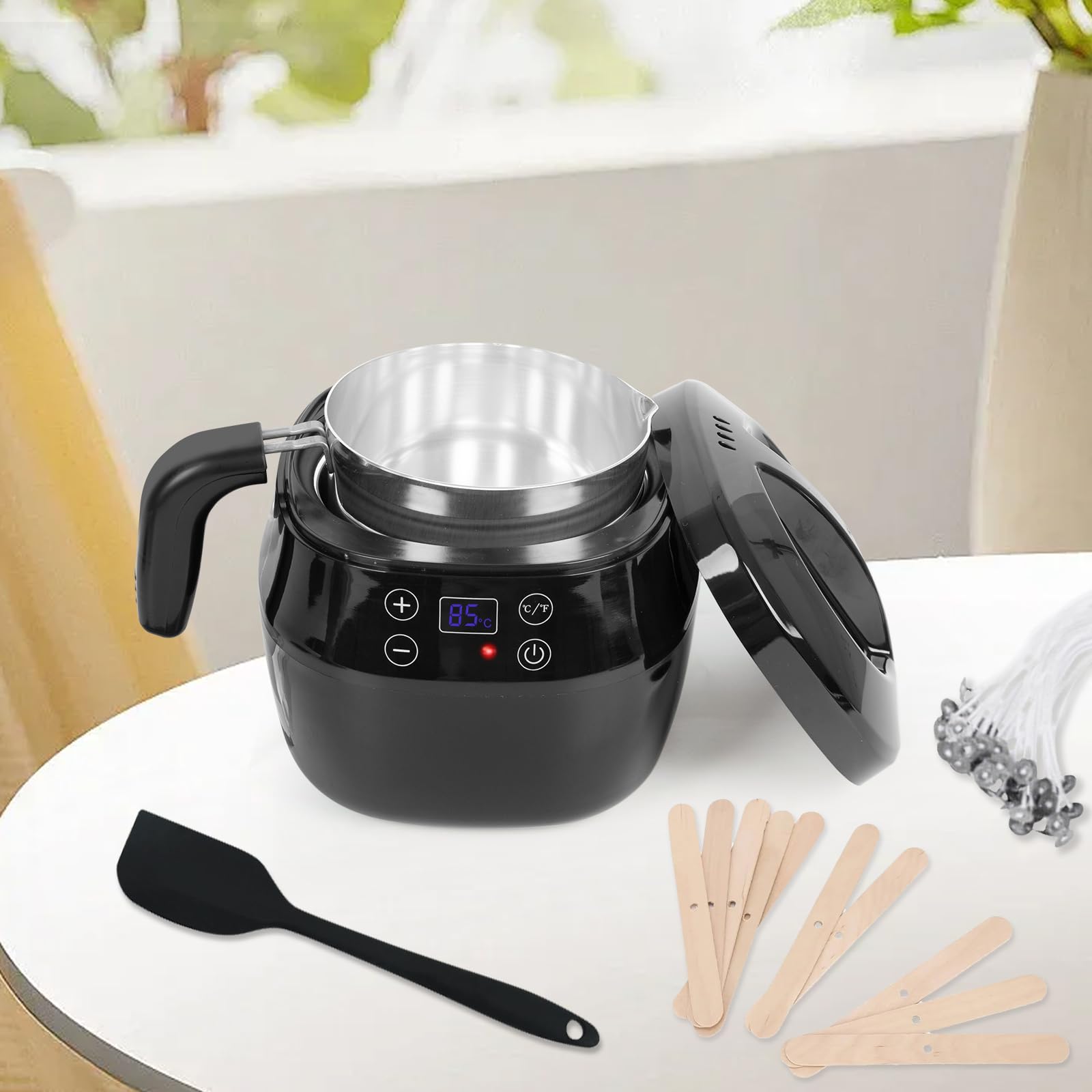 Orifesio Fundidor de Cera para Velas Eléctrico 1L, Derretidor de Cera para Velas con Control de Temperatura LED - Incluye Mechas de Vela, Pegatinas para Mechas de Vela, Soporte para Mecha y Cuchara