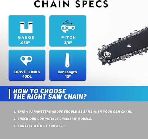 Miniatura 4 de Cadena de motosierra de 10 pulgadas, paso LP de 38 pulgadas, 40 eslabones de transmisión de .050 pulgadas, para WORX WG309, Sun Joe SWJ807E, Echo
