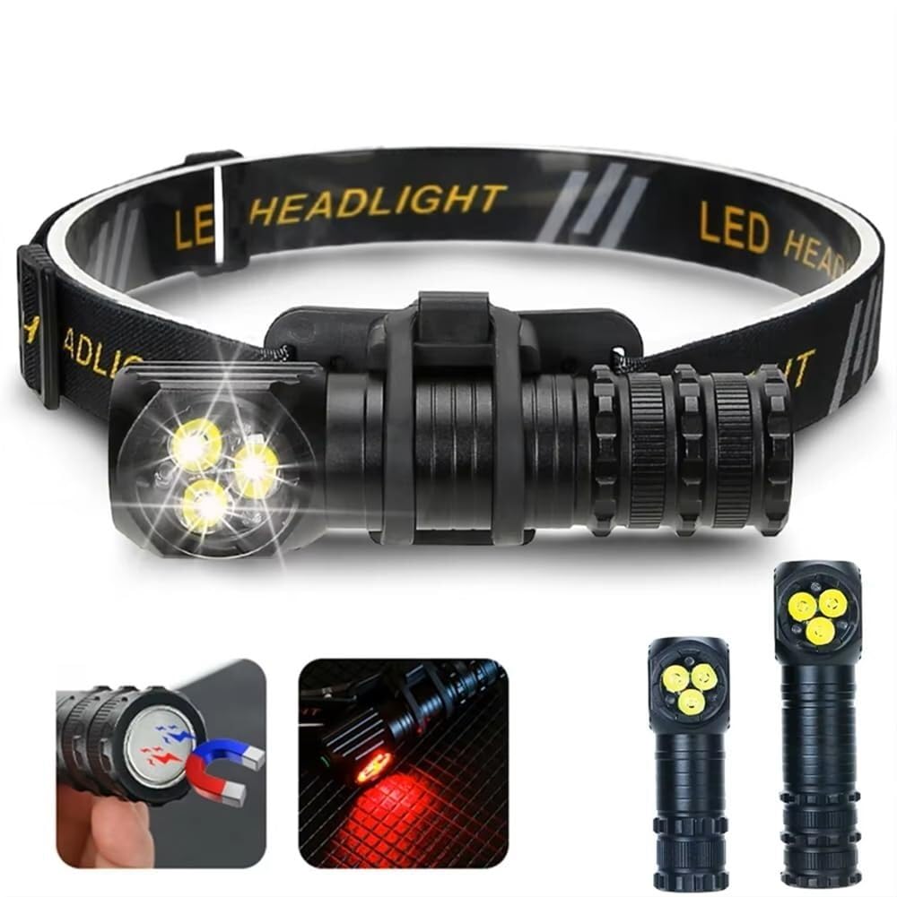 Latarka czołowa 3 LED z akumulatorem USB 5700K, latarka czołowa z magnesem, latarka kempingowa, wędkarska(A)