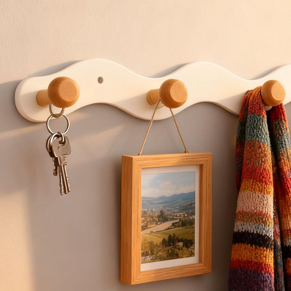 Porte-manteau mural sans perçage - 35,5 cm - Avec crochets en bois - Double option de montage pour garde-robe d'enfant, couloir, chambre d'enfant, salon et salle de bain