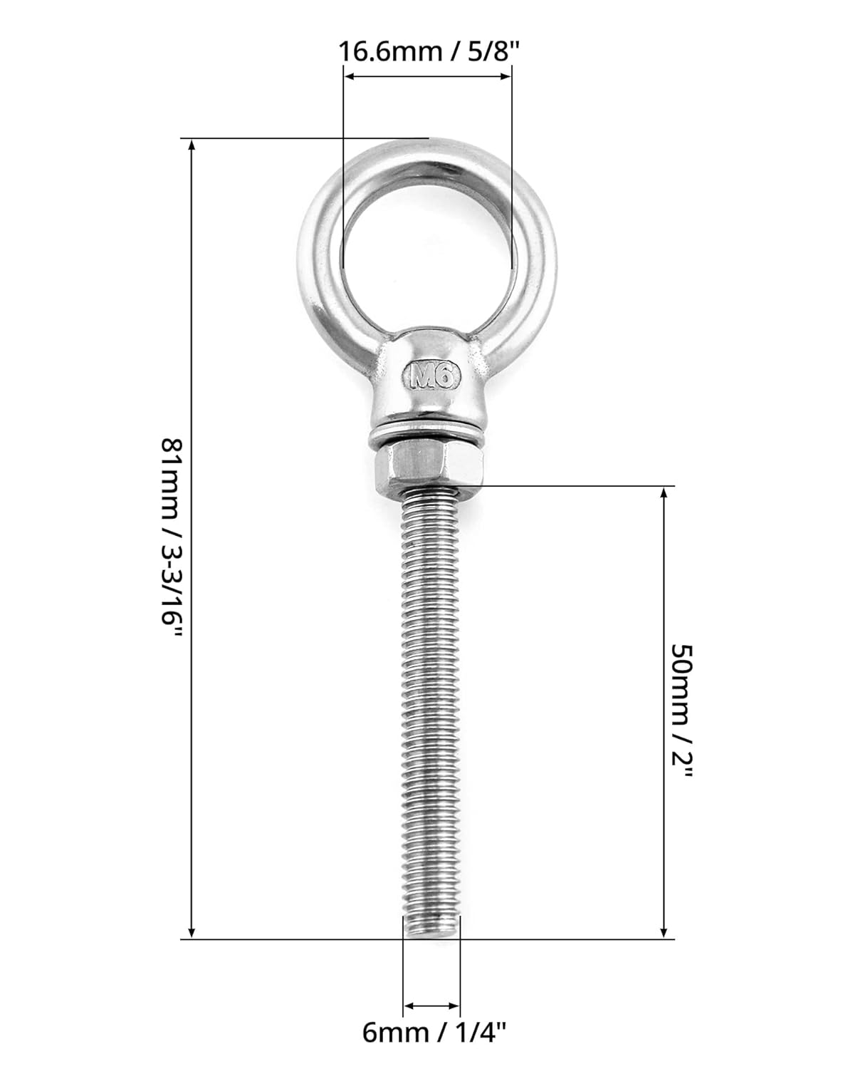 QWORK Threaded Eyebolts, 50 Pack 1/4" x 2" Long Stainless Steel Marine Grade Shoulder Eye Bolt