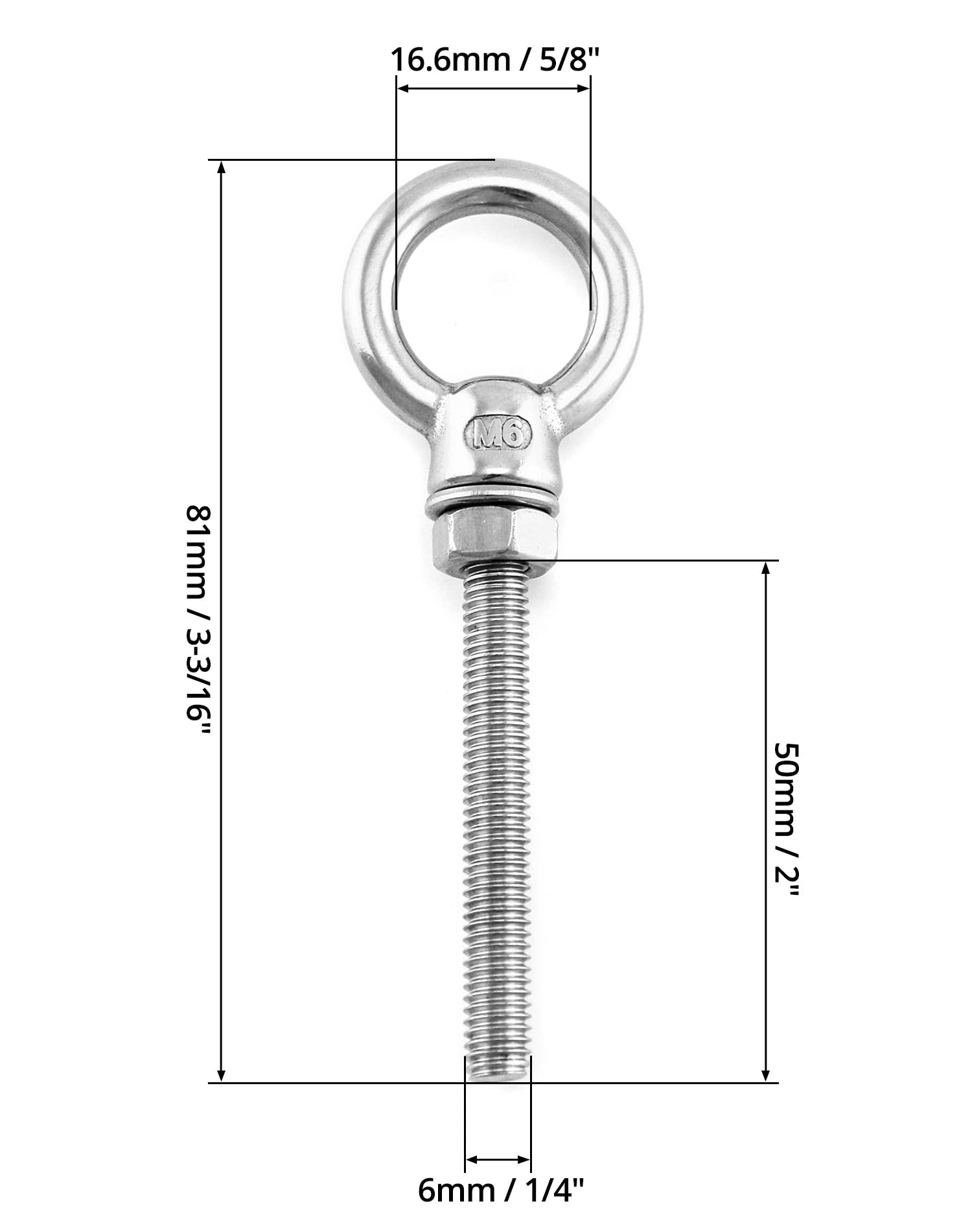 QWORK Lot de 20 boulons à œil filetés en acier inoxydable de qualité marine 6,35 mm x 5,1 cm de long