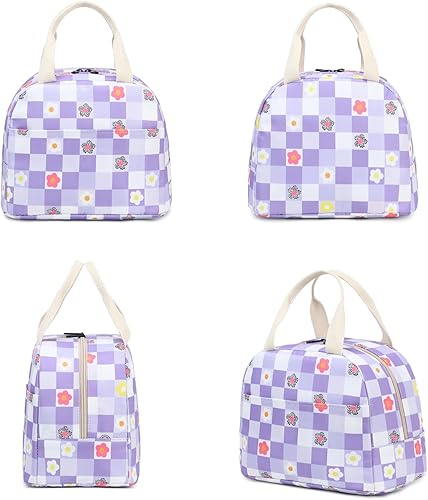 Miniatura 6 de Lonchera térmica a cuadros para mujeres y niñas, lonchera reutilizable para adultos, niños, escuela, trabajo, viajes (morado)