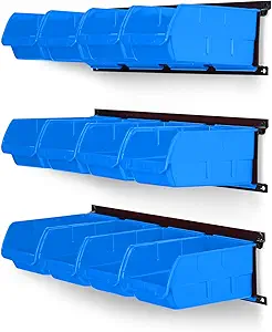 Ultrawall Wall Mounted Storage Bins, Plastic Hanging Storage Organizer Bins, Garage Tool Storage System for Screws, Nuts, Bolts, Nails, and Small Hardware Parts, 12x bins & 3 x rails, Blue