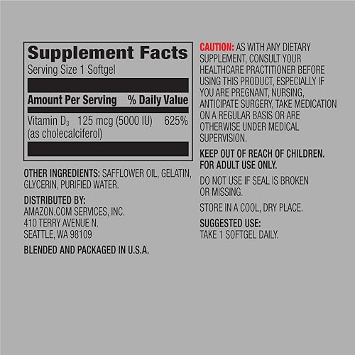 Miniatura 3 de Amazon Elements Vitamina D3, 5000 UI, 180 cápsulas blandas, suministro para 6 meses y biotina 5000 mcg, vegano, 130 cápsulas (suministro para 4