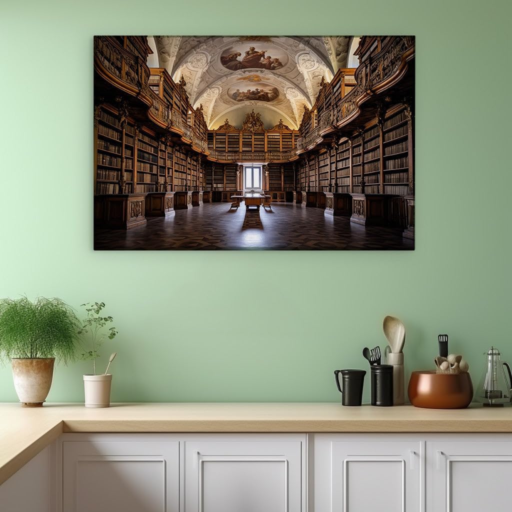Canvas for Living room. Heavenly Murals and Knowledge Sanctuaries: Unveiling the Grandeur of a Scholarly Eden, 27 x 18 inch Canvas Wall Art - Contemporary Masterpieces - Spiritual Home Decor
