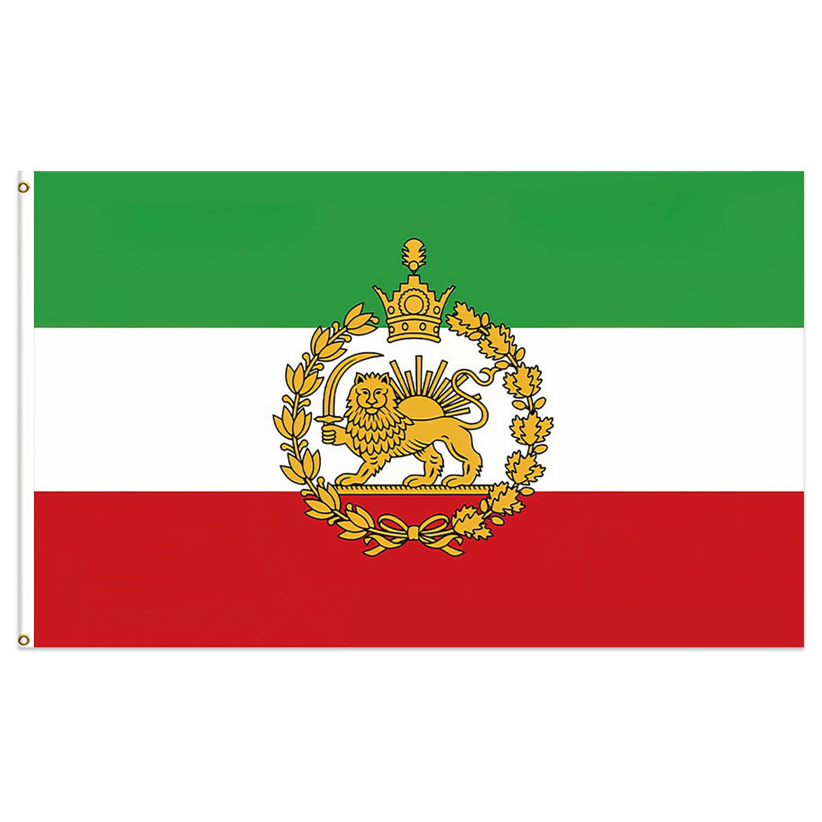 Historic Persian Iran Flag with Lion and Sun, 3x5FT Green White Red Tricolour, Durable Polyester Double Stitched, Brass Grommets (YLDQ-1PCS-SZHH)