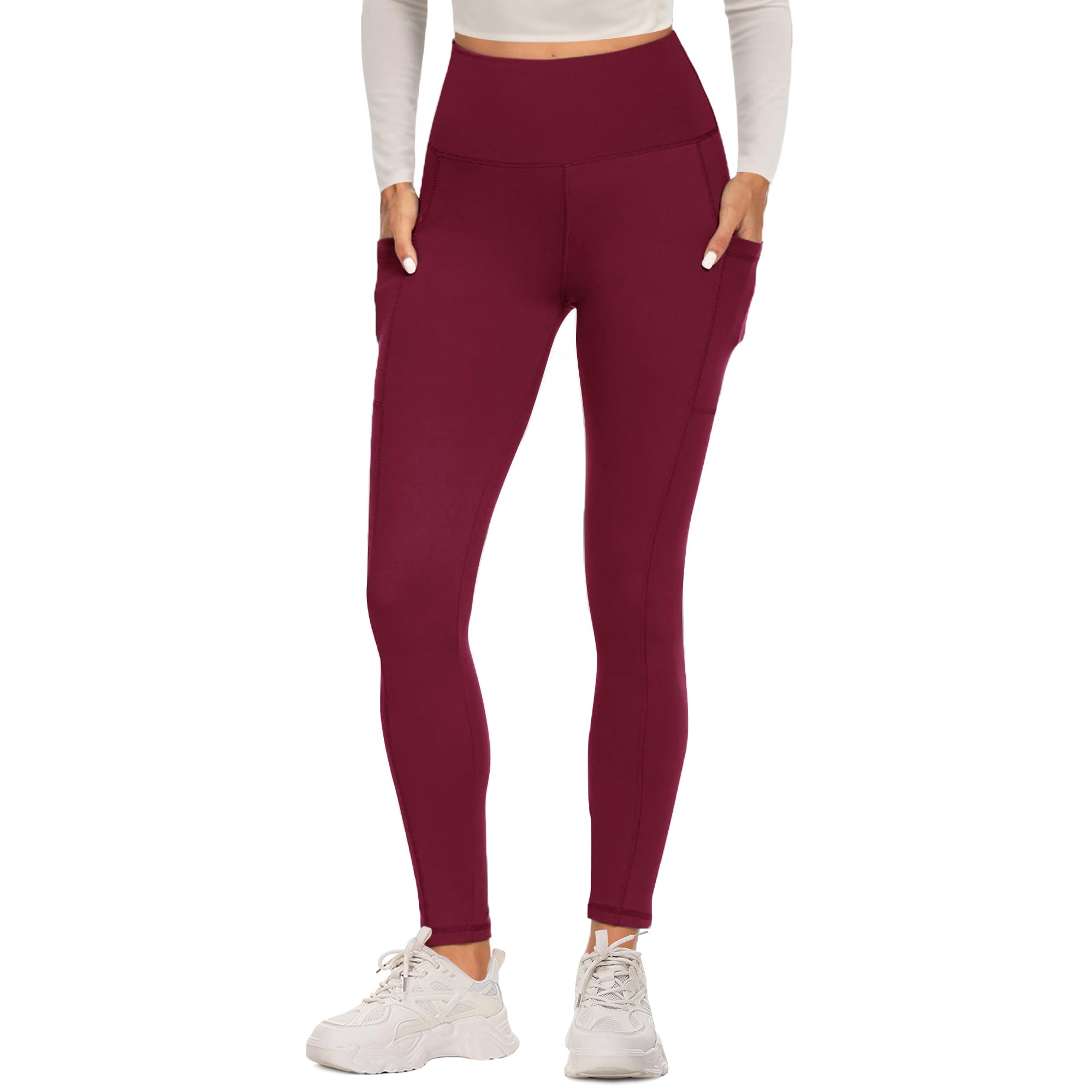 FOTOCITI Sport Leggings Damen mit Tasche High Waist Sportleggins Lang Blickdicht Sporthose Push Up Yogahose Bauchweg Laufhose Fitnesshose Hose(Weinrot, S-M)