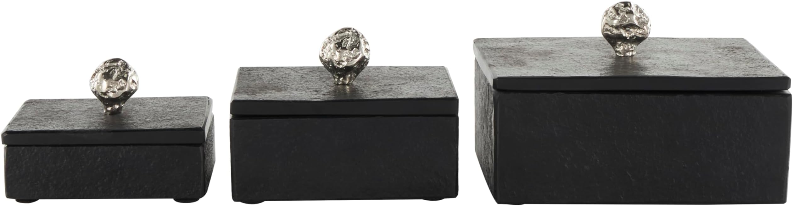 Deco 79 Marble Decorative Box Decorative Keepsake Boxes with Textured Silver Aluminum Knobs, Set of 3 Storage Boxes 9", 7", 6"W, Black