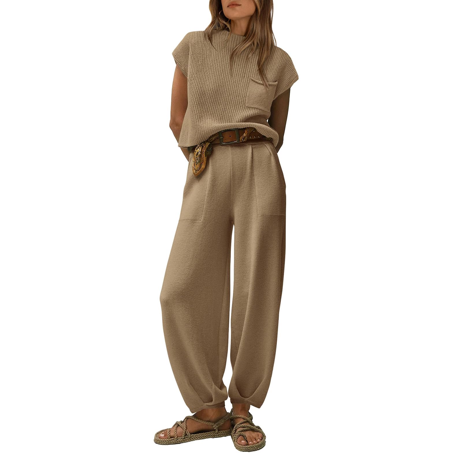 Two Piece Pants Set for Women Summer Short Sleeve Sweater Sets Rib Knit Tops High Waisted Pants Outfits