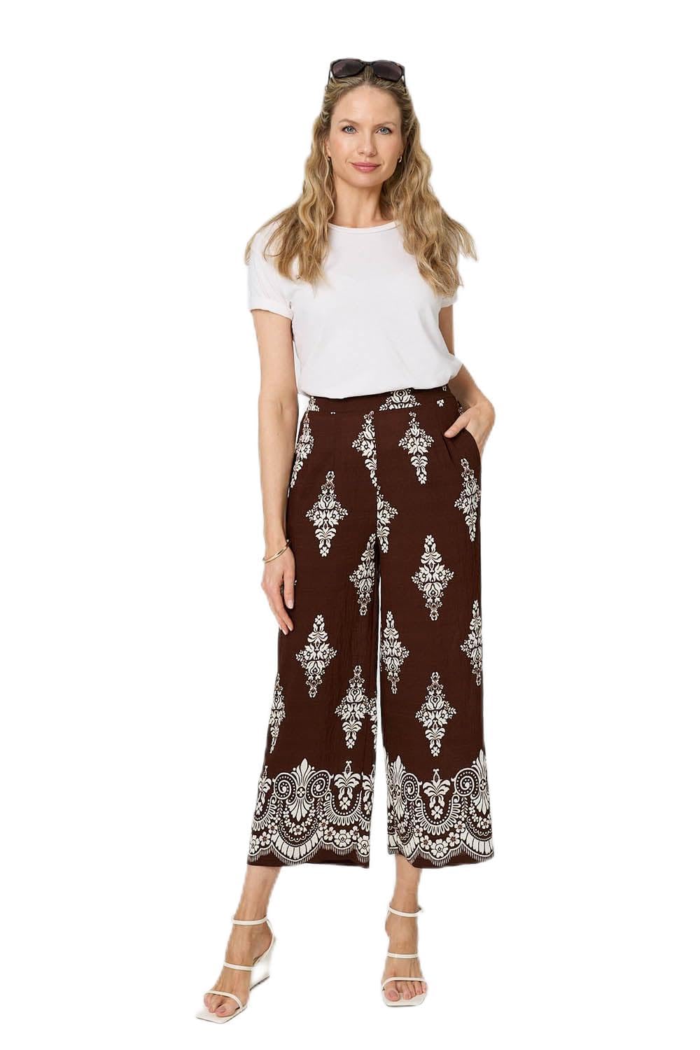 Izabel London Women's Brown Border Print High Waist Wide Trousers In | : Size 14