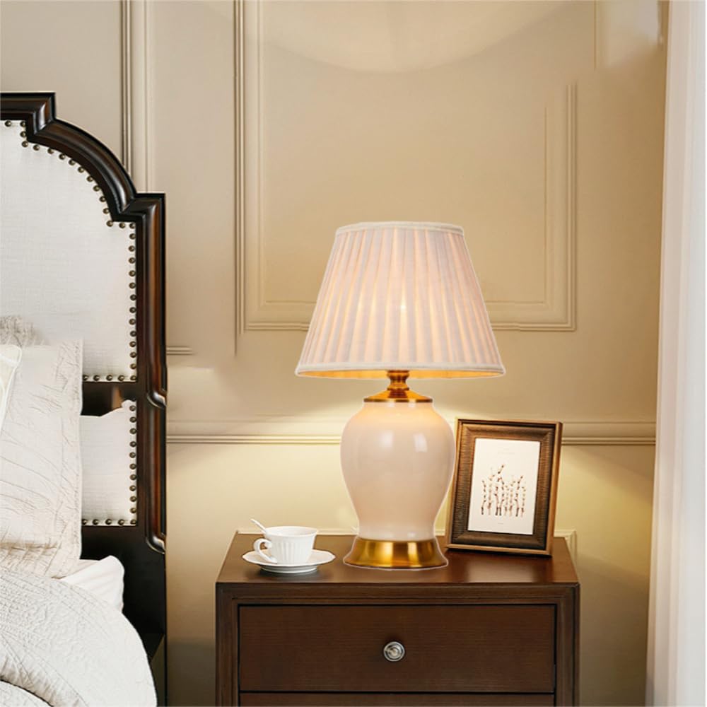 XINYASEE Lampada da tavolo in ceramica, lampada da comodino E27, base in ceramica e paralume in tessuto, adatta per la decorazione della camera da letto e del soggiorno (Bianco)
