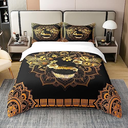 Homewish Coton, Housse de Couette Abeille 200x200, Parure de Lit Boho Mandala, Ensemble de Literie Fleurs Jaunes, Housse Couette Animaux, Literie Floral...