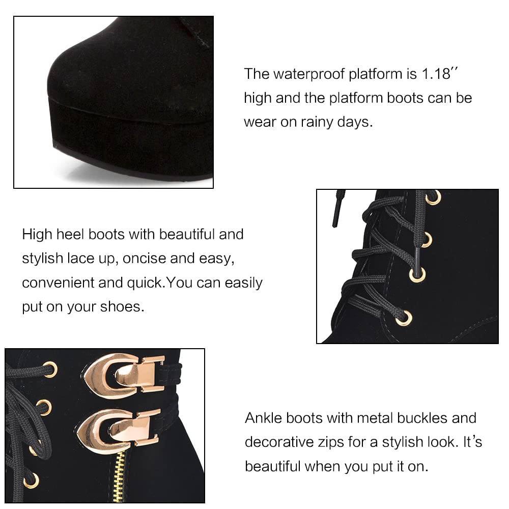 Susanny High Heel Boots for Women,Womens Platform Boot Heels Sexy Round Toe Lace UP High Heels Mid Calf Boots