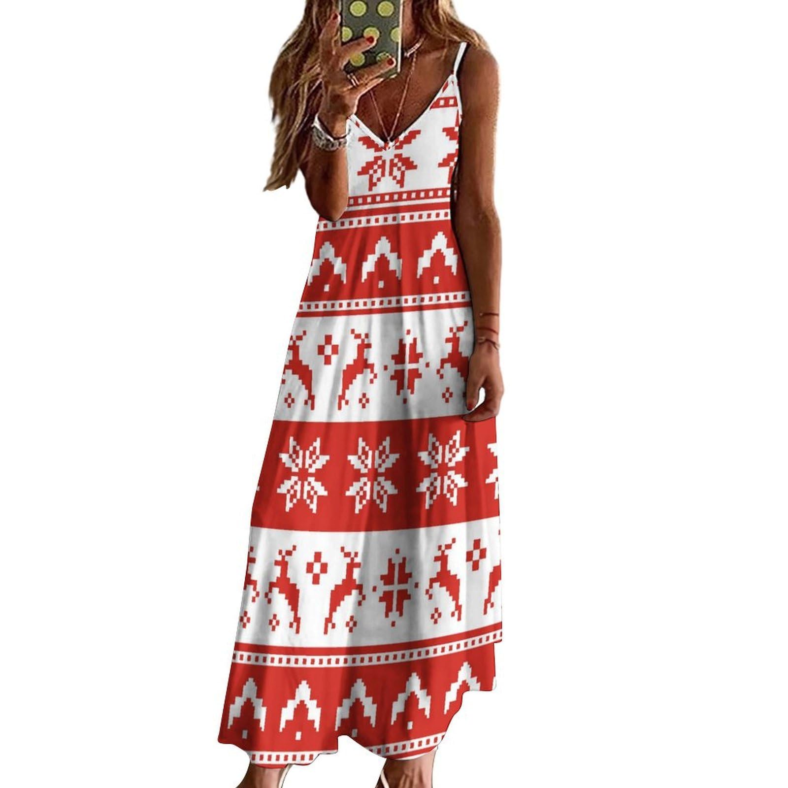 Abito estivo da donna, lungo, motivo albero di Natale, scollo a V, spalline sottili, abito da spiaggia