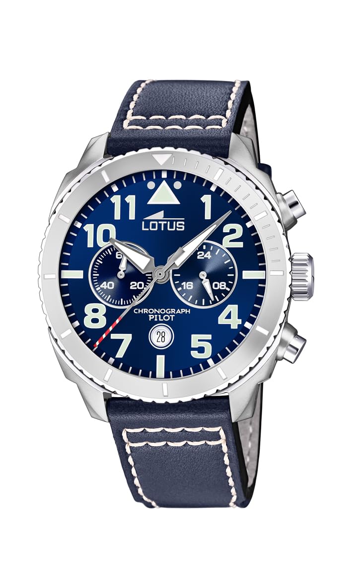 LOTUS Reloj Hombre Analógico de Cuero Azul | Movimiento de Cuarzo, Cronógrafo, Calendario, Cristal Mineral de Alta Resistencia, Resistente al Agua 10 ATM Elegante 18705/1