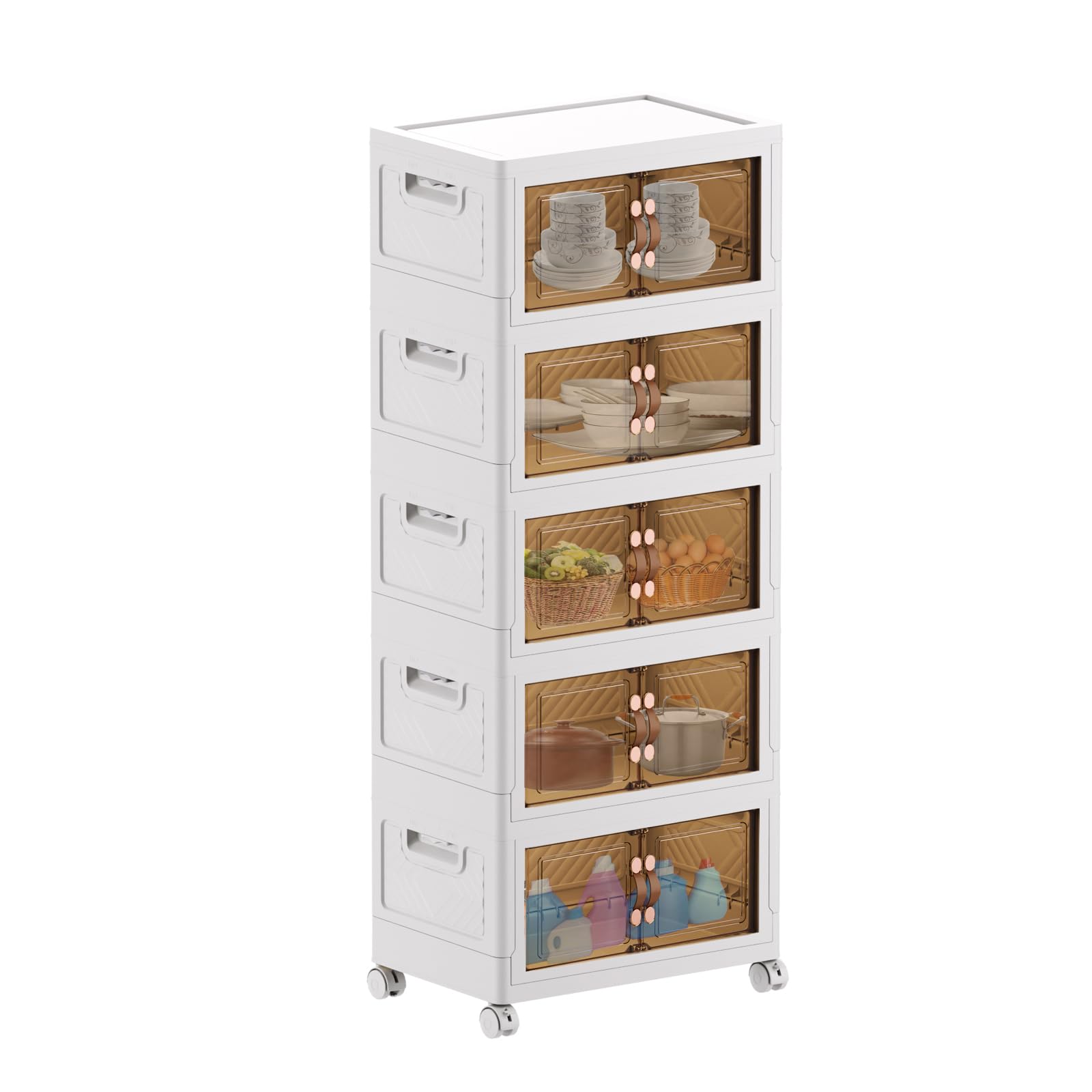 MECOLOR Boîte de rangement pliable en plastique blanc de 5 bacs avec couvercles, armoire de rangement de salle de bain, cuisine, chambre à coucher - 5 x 34L