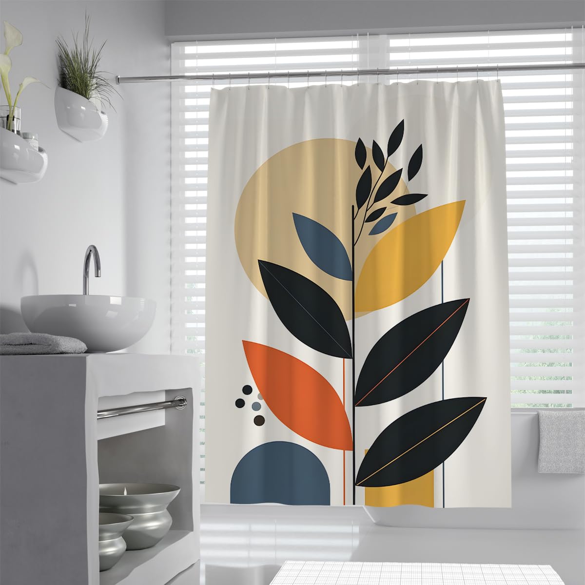 UIRINGART Contemporary Shower Curtain W120xL200cm Colorful Leaves Big Sun Art Mildew Resistant Easy to care Polyester Fabric Lightweight Bathroom Bathtub Curtains