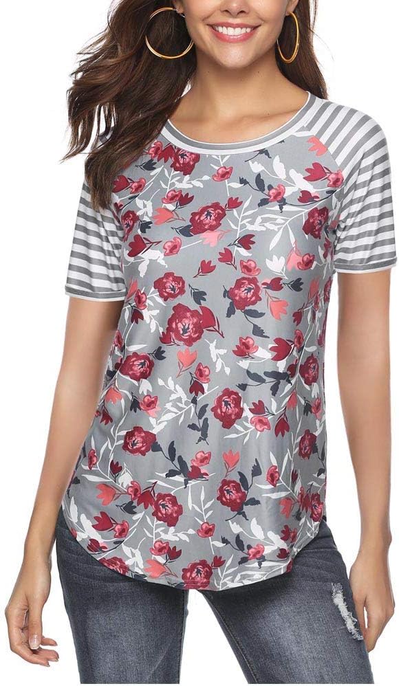 KUFV Women's Crew Neck Striped Short Sleeve Tops Floral Print Pullover Summer Blouses T Shirts